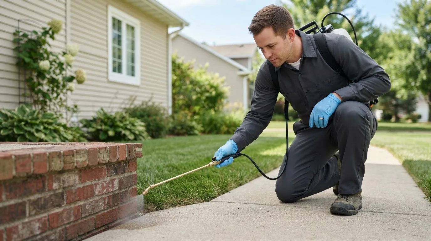 Pest control technician treating a home near Tenstrike, MN